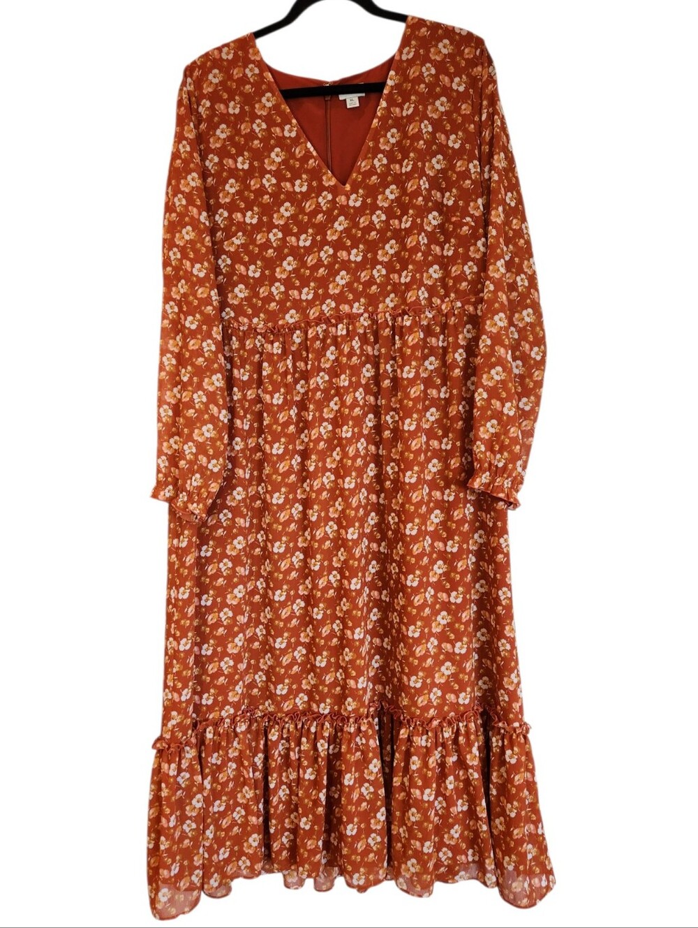 J Crew Factory Crinkle Midi Flounce Dress Rust Floral Size XL Cottagecore Ruffle - Picture 2 of 15